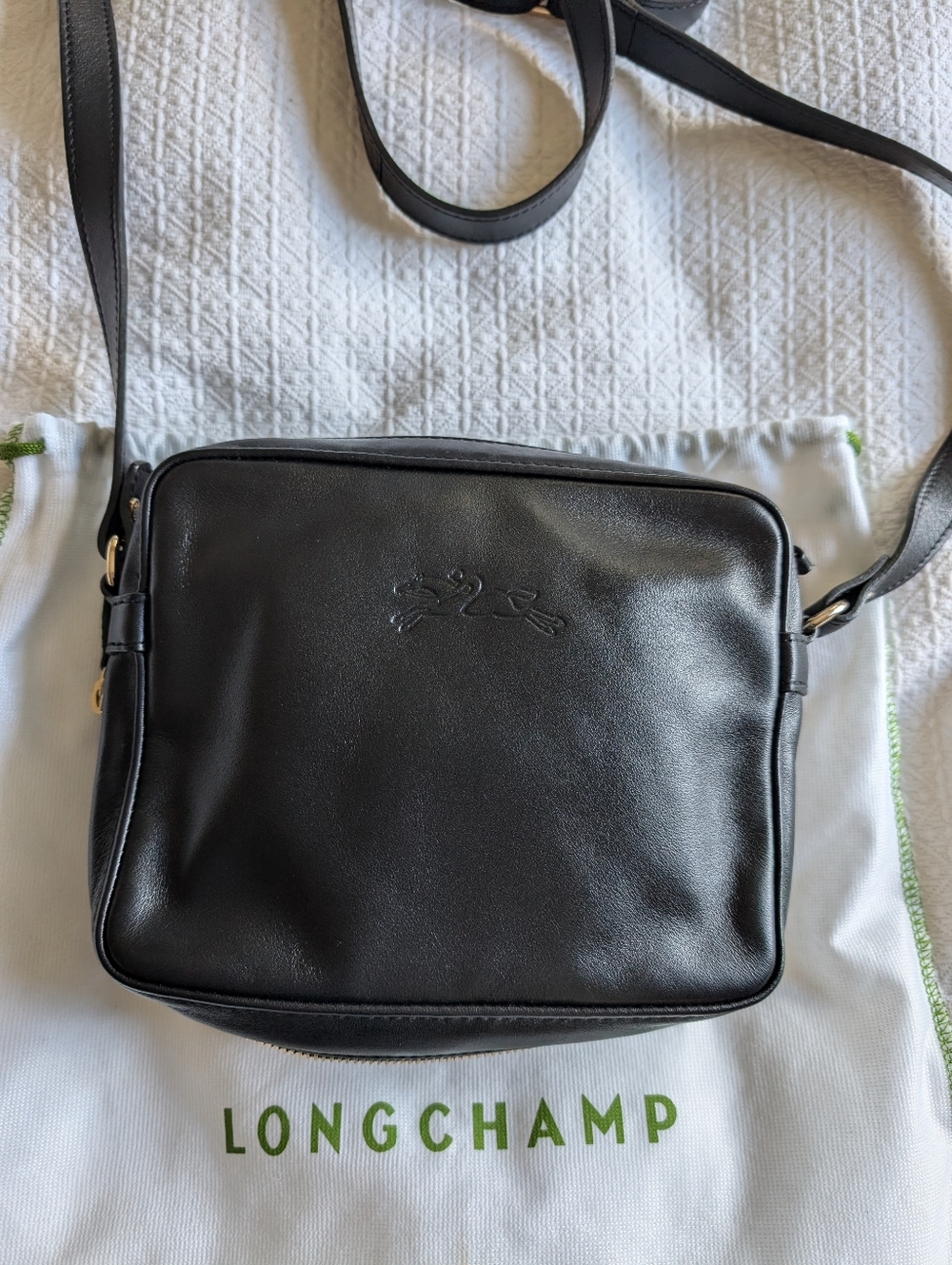 Vintage Longchamp Black Leather Mini Crossbody with Gold Logo - Picture 2 of 5